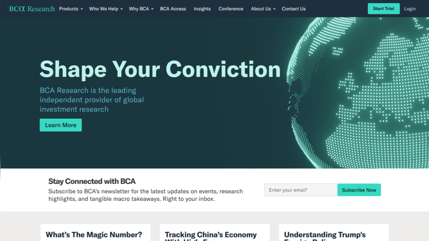 BCA Research homepage with navigation, headline 'Shape Your Conviction', description of investment research, and newsletter signup