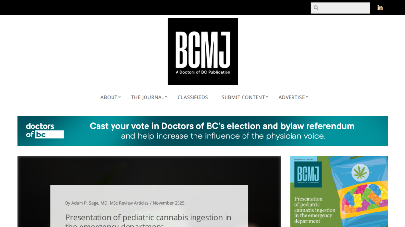 Doctors of BC journal homepage with election voting banner and featured article on pediatric cannabis ingestion
