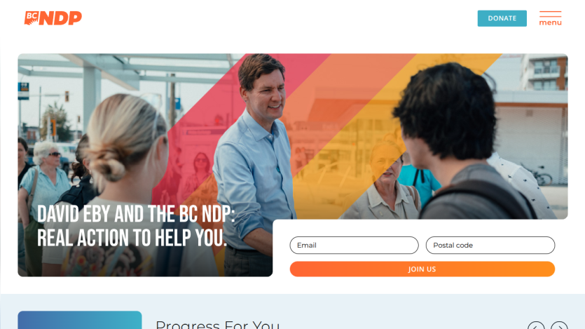 BC NDP homepage with headline about David Eby and real action, email and postal code signup form, donate button, and menu.