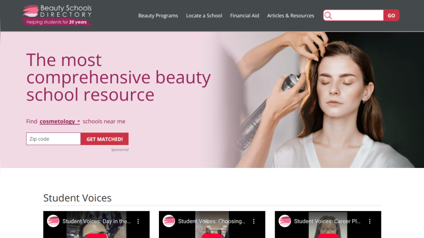 Beauty Schools Directory homepage with search for cosmetology schools and a woman getting hair styled
