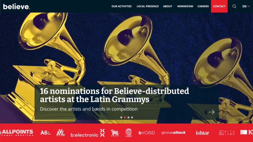 Headline about 16 nominations for Believe-distributed artists at the Latin Grammys with navigation and logos visible