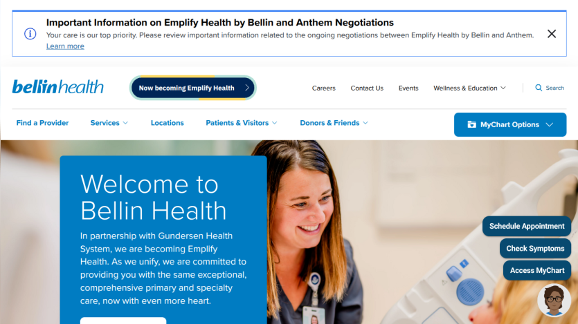Bellin Health welcome message about becoming Emplify Health with comprehensive primary and specialty care