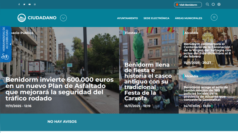 Ciudadano website showing news about Benidorm's new asphalt plan, traditional Festa de la Carxofa, and local police recognition.