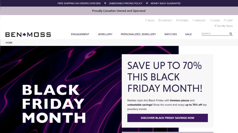 Ben Moss jewelry website promoting Black Friday month sale with up to 70% off and a call to action button