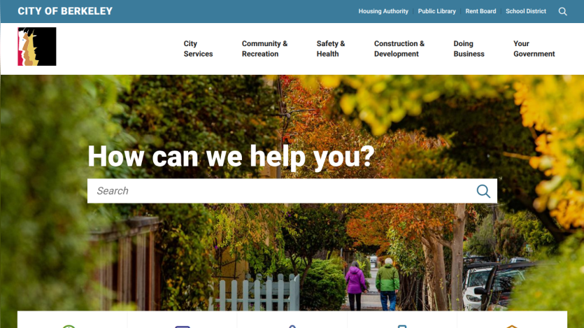 City of Berkeley website homepage with search bar and navigation links for city services and community resources