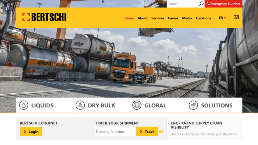 Bertschi logistics homepage with navigation, shipment tracking, and supply chain visibility options