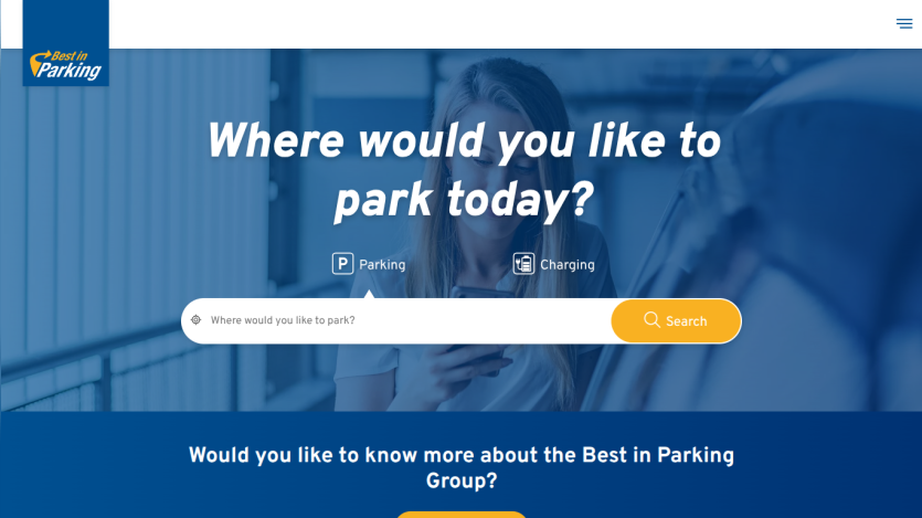 Parking service homepage with search bar asking where to park today and options for parking or charging