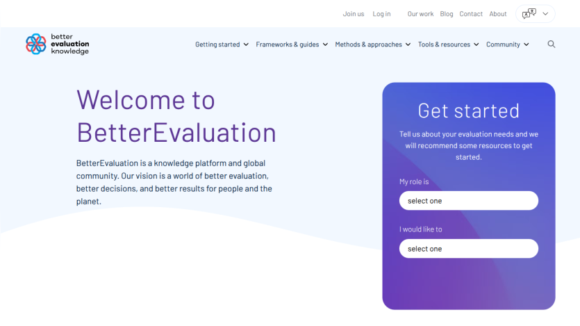 BetterEvaluation homepage with welcome message and a Get started form for evaluation resources