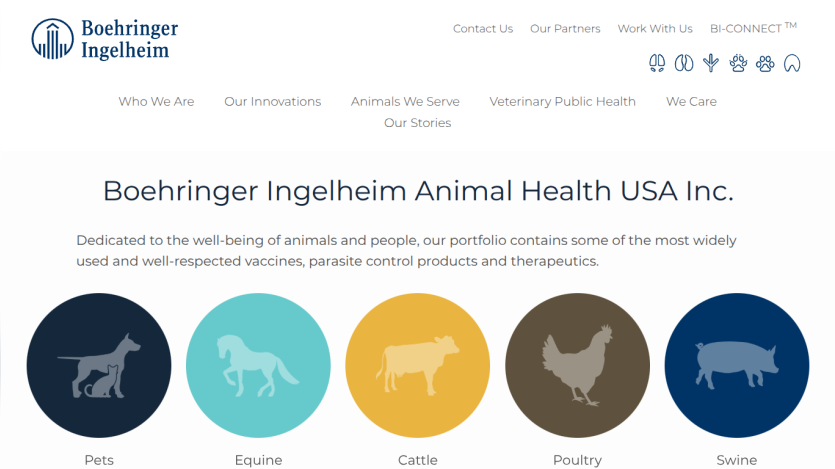 Boehringer Ingelheim Animal Health USA homepage with navigation and animal categories for pets, equine, cattle, poultry, and swine