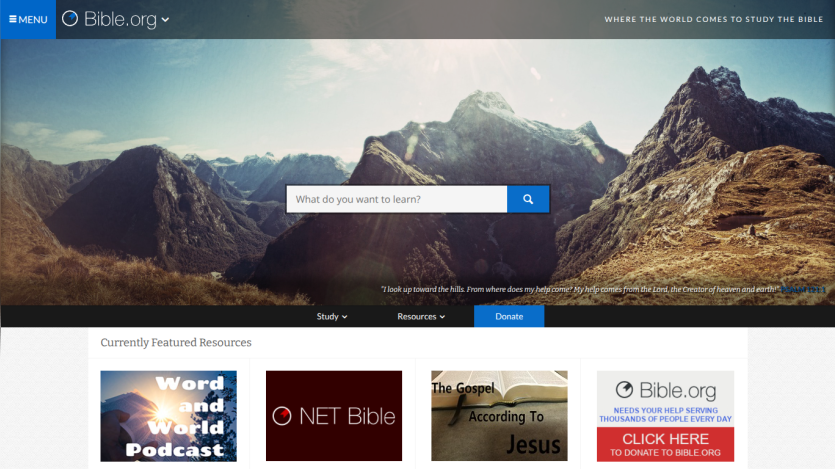 Homepage of Bible.org featuring a search bar and highlighted resources.