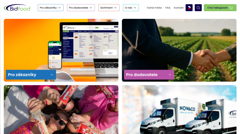 Bidfood homepage with navigation menu and four main sections for customers, suppliers, and product categories, featuring images of devices, handshake, people, and trucks.