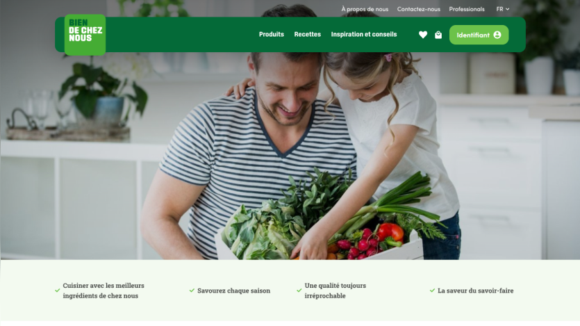 Homepage with a man and child holding a box of fresh vegetables, navigation menu in French, and key benefits of cooking with quality ingredients
