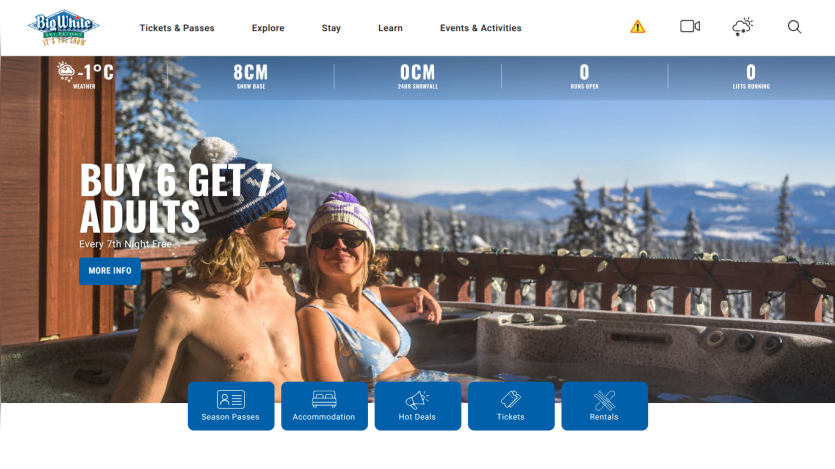 Big White Ski Resort homepage with a promotion for buy 6 get 7 adults, weather and snow stats, and navigation links