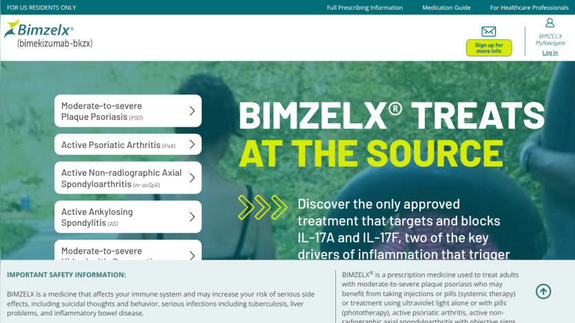 Bimzelx website promoting treatment for plaque psoriasis and related conditions with safety information