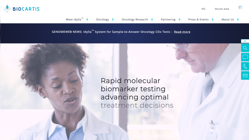 Biocartis website with navigation menu and hero text about rapid molecular biomarker testing for optimal treatment decisions