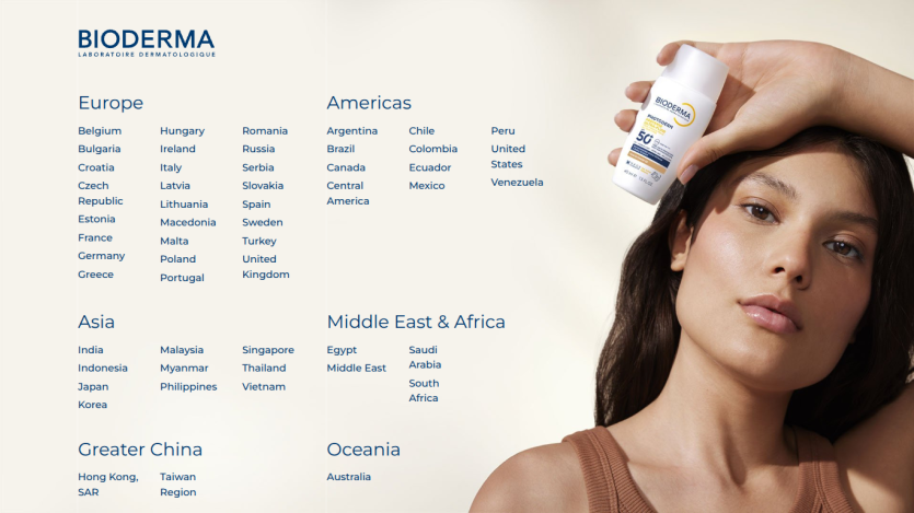 Bioderma dermatological brand page showing regional links and a woman holding a sunscreen product.