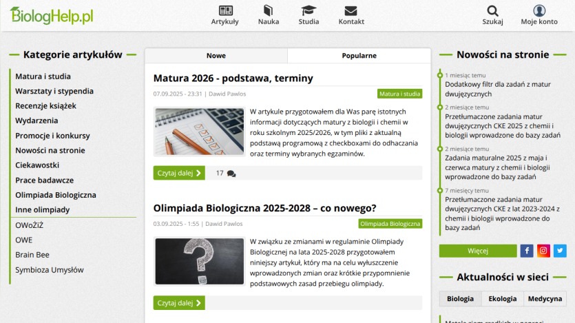 BiologHelp.pl homepage with article categories, recent articles on biology exams and olympiads, and site news updates