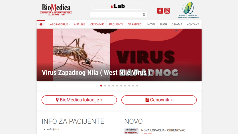 BioMedica diagnostic lab website with navigation menu and hero section about West Nile Virus