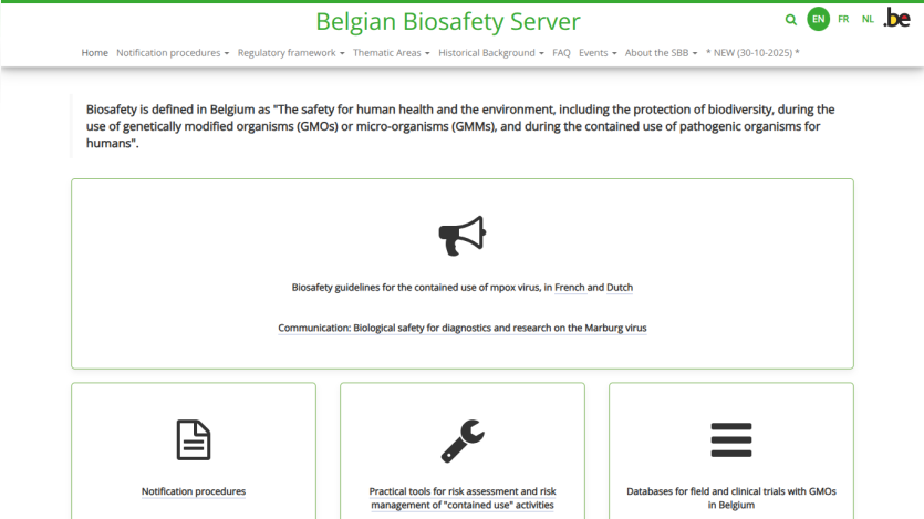 Belgian Biosafety Server homepage with biosafety definition, guidelines links, and navigation menu
