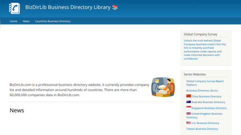 BizDirLib business directory homepage showing company survey and services menu