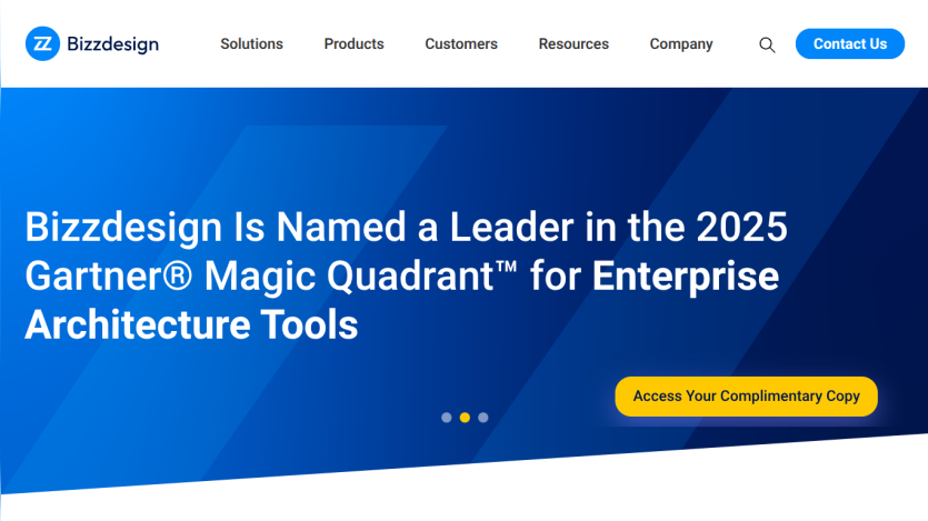 Bizdesign homepage hero announcing leadership in 2025 Gartner Magic Quadrant for Enterprise Architecture Tools with call-to-action button