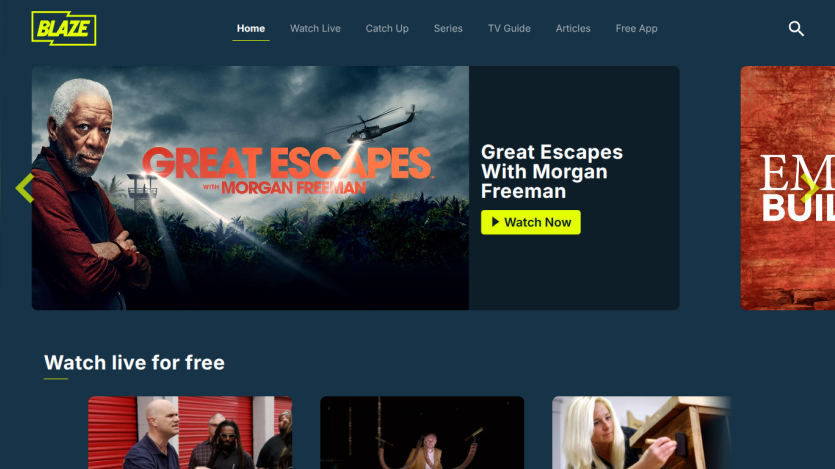 Blaze website homepage featuring Great Escapes with Morgan Freeman and options to watch live for free