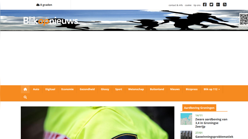 News website Blik op Nieuws with navigation menu and headline about two suspects arrested after violent theft