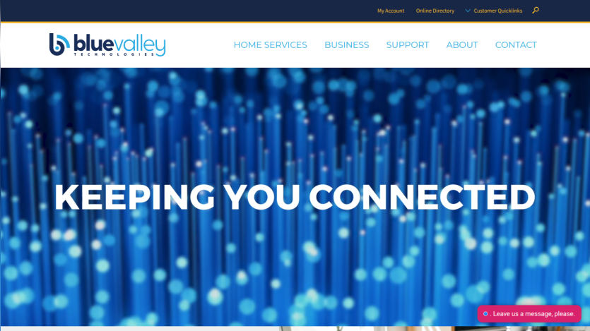 Blue Valley Technologies homepage with navigation and headline 'KEEPING YOU CONNECTED' over a fiber optic background