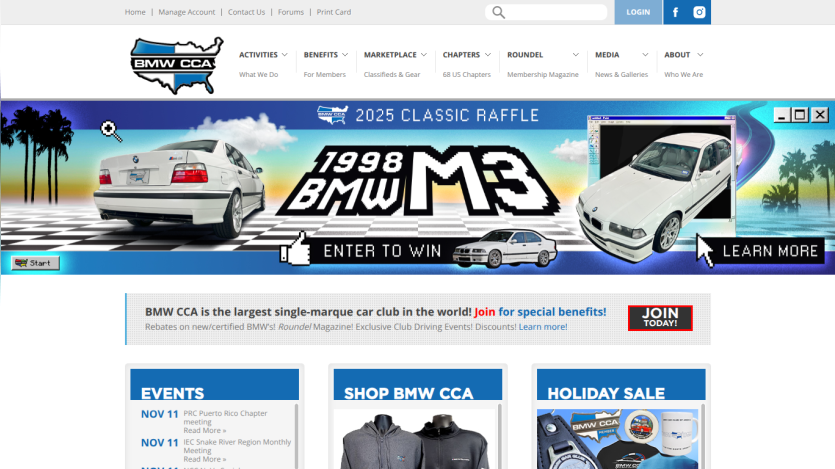 BMW Car Club website homepage featuring 2025 classic raffle for a 1998 BMW M3 with navigation menu and promotional banners
