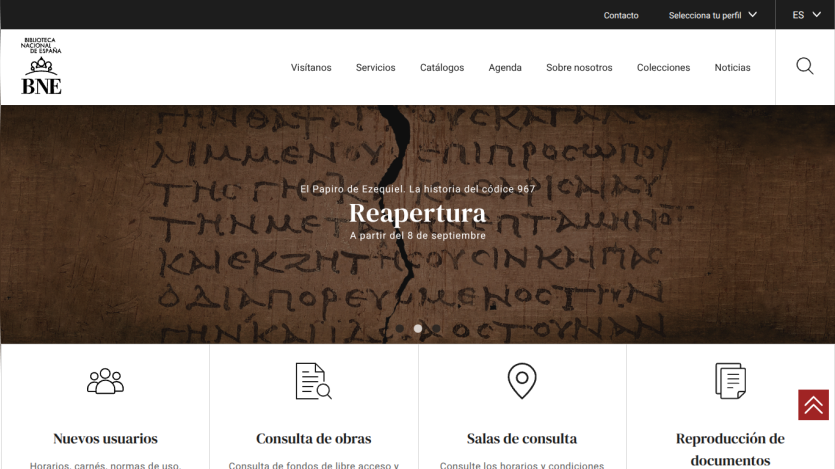Homepage of BNE featuring the word 'Reapertura' and navigation options.
