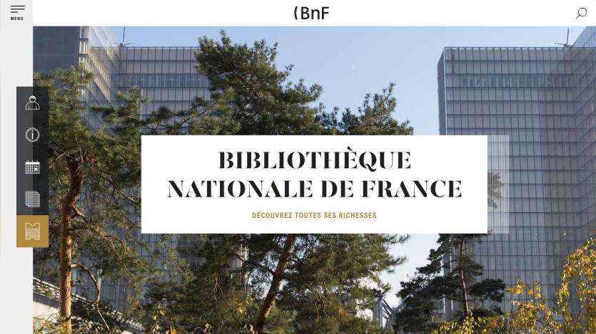 Homepage of Bibliothèque Nationale de France featuring a modern building and trees.