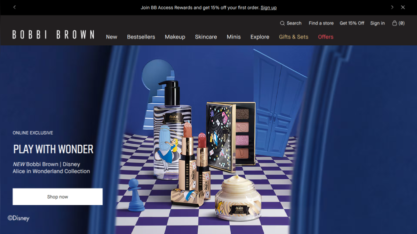 Bobbi Brown cosmetics online exclusive featuring Play With Wonder collection with product display and shop now button