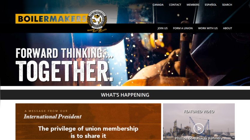 Boilermakers union website with navigation, slogan 'Forward Thinking... Together.', and sections for news and featured video