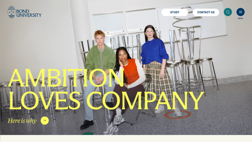 Homepage of a university featuring three students with the text 'Ambition Loves Company'.