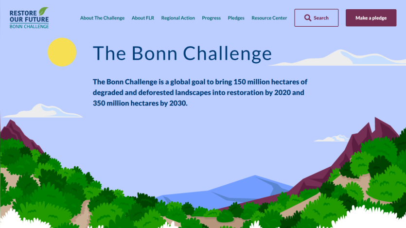 The Bonn Challenge global goal to restore 150 million hectares by 2020 and 350 million hectares by 2030 with navigation and pledge options
