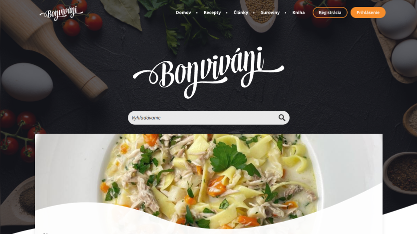 Bonviváni cooking website with navigation, search bar, and close-up of a baked dessert