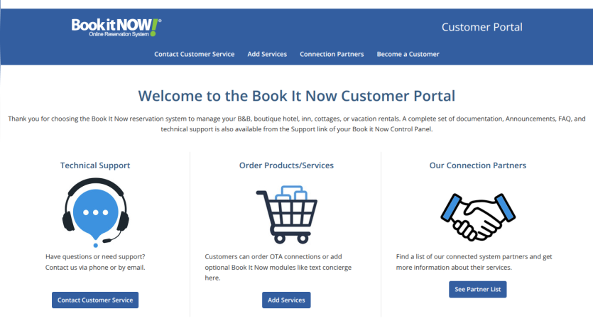 Book It Now Customer Portal welcome page with options for technical support, ordering services, and connection partners