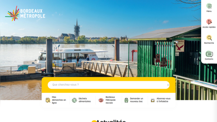 Bordeaux Metropole website featuring a river view and a search bar.