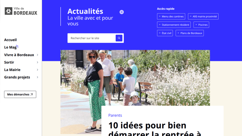 City of Bordeaux website featuring news and events with a family in a park.