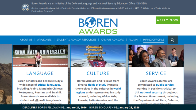 Boren Awards homepage highlighting language, culture, and service with application deadlines and navigation links