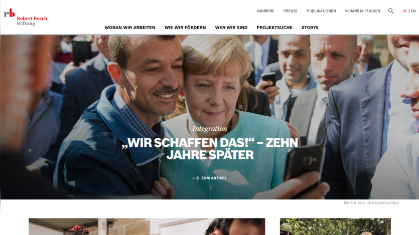 Website header featuring a quote about ten years later with images of people interacting.