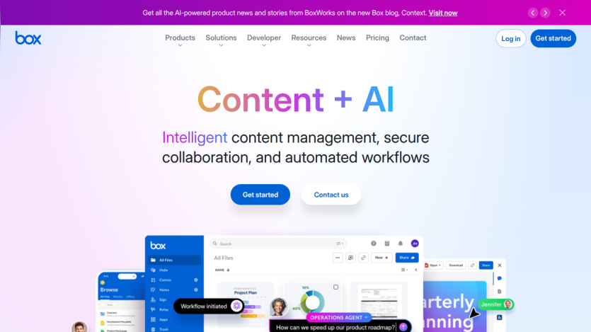 Box homepage with navigation, headline about content and AI, call-to-action buttons, and product screenshots