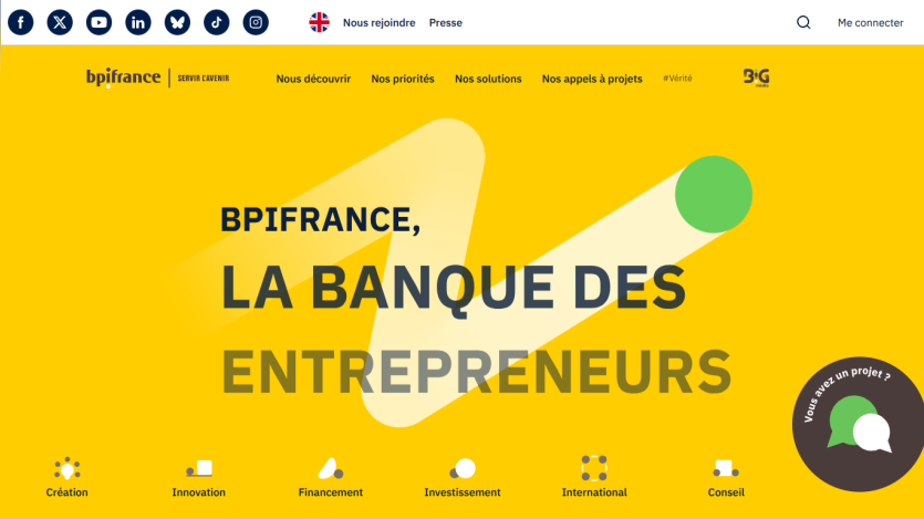 BPIFrance homepage featuring 'LA BANQUE DES ENTREPRENEURS' on a yellow background.