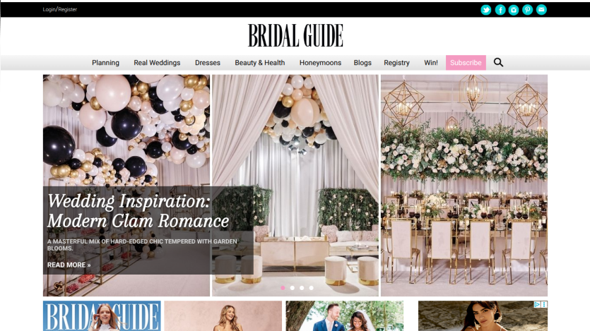 Bridal Guide homepage featuring wedding inspiration and decor ideas.
