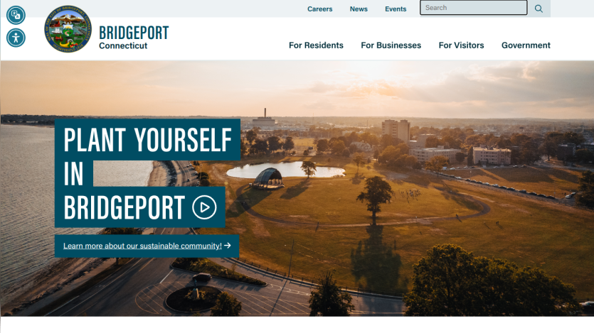 City of Bridgeport Connecticut official site with navigation and a sunset park aerial hero image promoting sustainable community