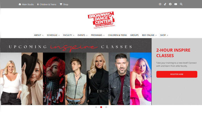 Broadway Dance Center homepage with navigation, logo, upcoming Inspire classes banner, and 2-hour Inspire classes registration call to action