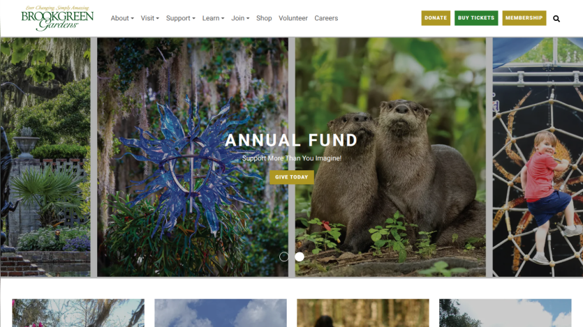Brookgreen Gardens homepage with navigation menu, annual fund call to action, and images of gardens, otters, and a child playing