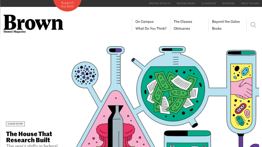 Brown Alumni Magazine homepage with navigation links and cover story titled The House That Research Built