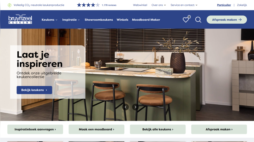 Kitchen showroom homepage with navigation and call to action to explore kitchen collection