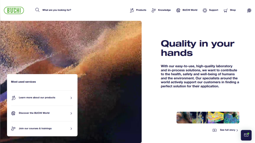 BUCHI website with navigation, hero image, and text about high-quality lab and in-process solutions for health and environment